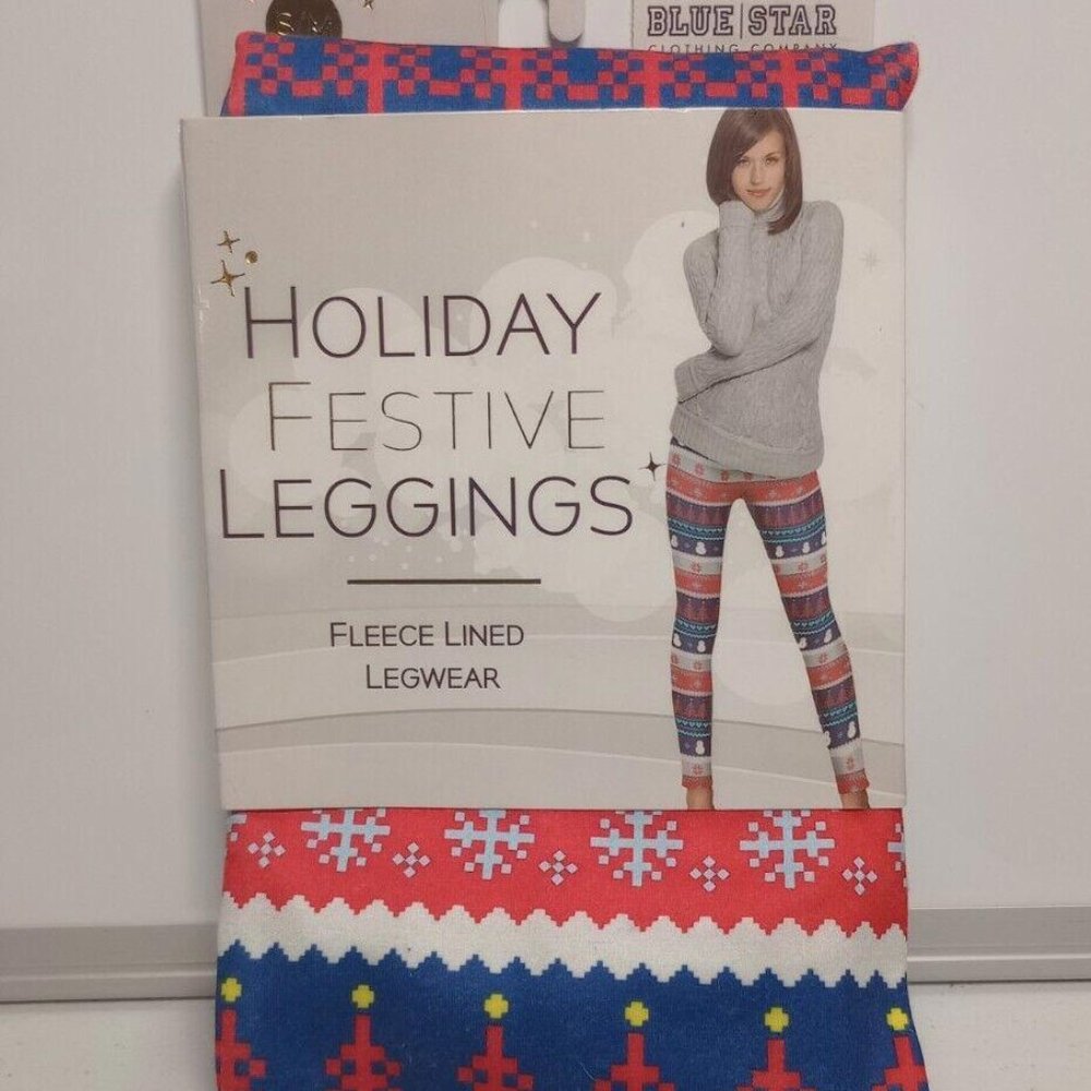 Blue Star Holiday Christmas Festive Fleece Lined Printed  Leggings Women S/M